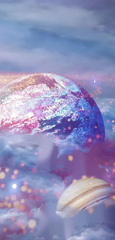 Surreal cosmic scene with planets in clouds.
