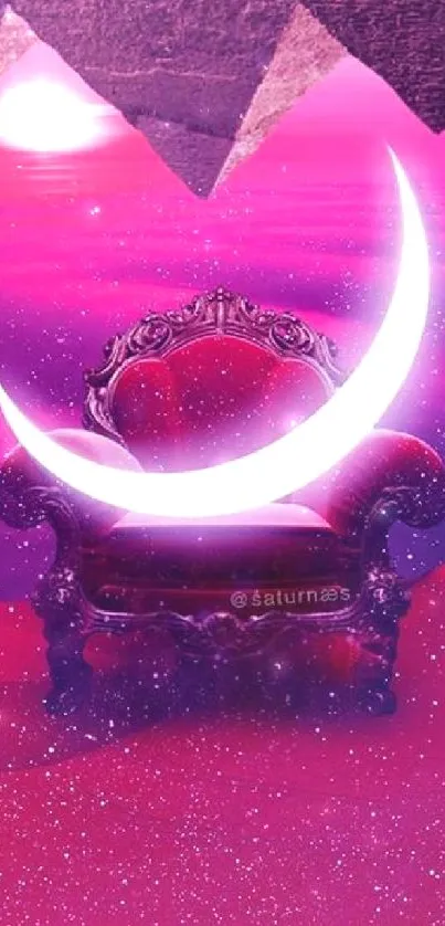 Mystical crescent moon with pink sky and luxurious armchair.