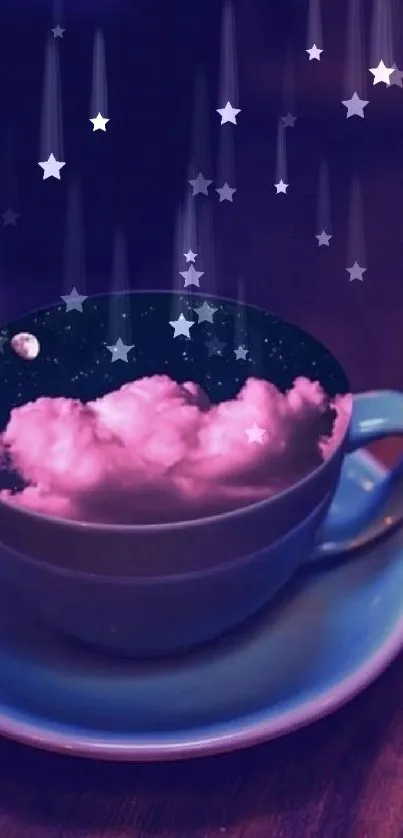 Surreal cosmic teacup with clouds and night sky scene.