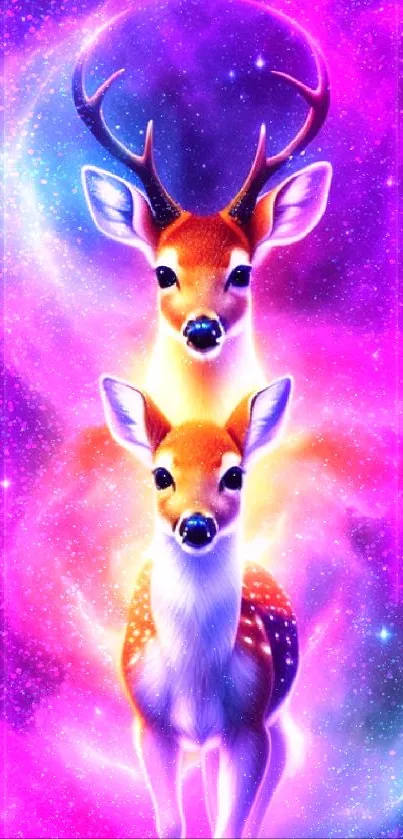 Two cosmic deer with vibrant galaxy background.