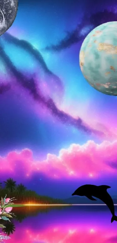 Dreamy cosmic scene with dolphin silhouette and planets.