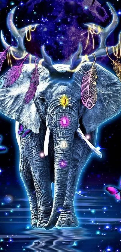 Cosmic elephant with butterflies and feathers in a surreal scene.