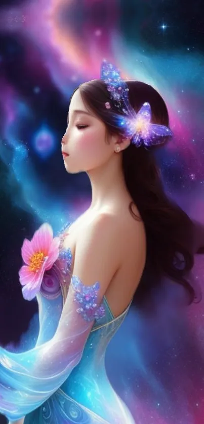 Ethereal cosmic fairy with vibrant colors and butterfly in galaxy background.