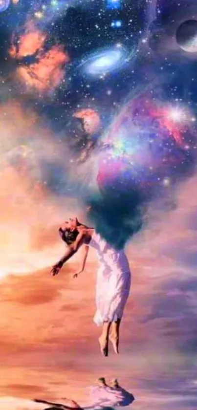 Surreal cosmic artwork with a floating figure and galaxy background.