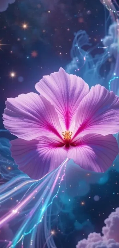 Pink flower in cosmic night sky with stars and fantasy clouds.