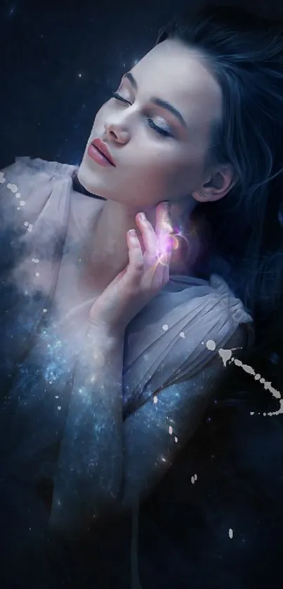 Dreamy woman with cosmic glow in dark blue space.