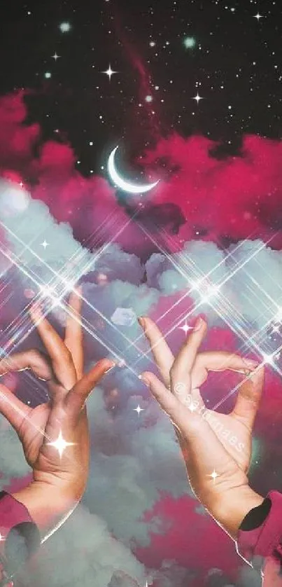 Dreamy cosmic wallpaper with hands, pink clouds, and crescent moon in starry sky.