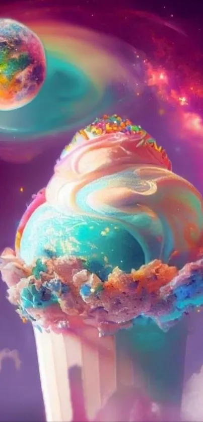 Colorful ice cream in a cosmic galaxy setting with a floating planet.