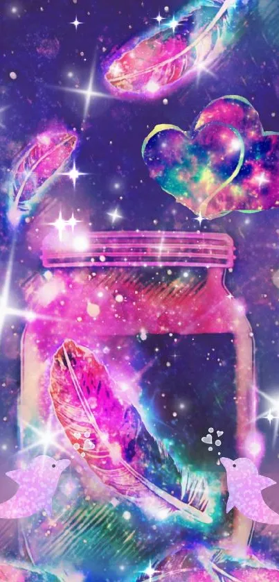 Colorful cosmic jar with feathers and hearts in a purple galaxy.