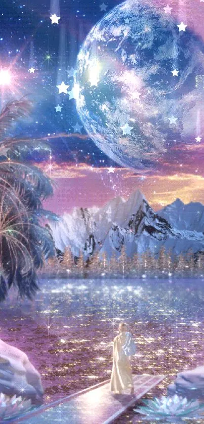 Fantasy landscape with a cosmic lake and mystical planet.