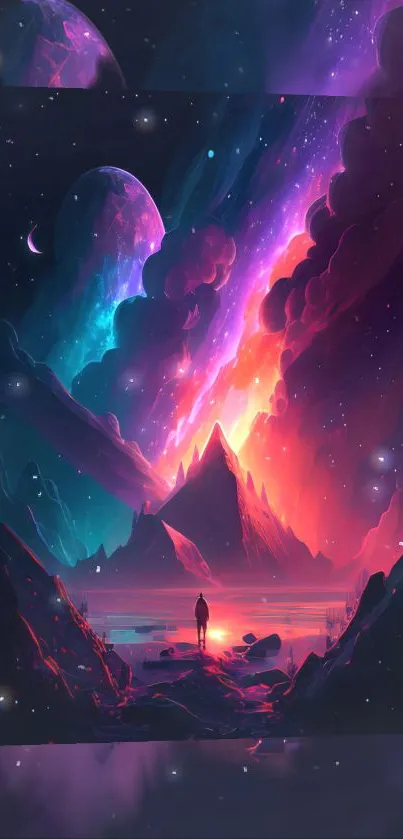 Dreamy cosmic landscape wallpaper with vibrant colors and celestial elements.