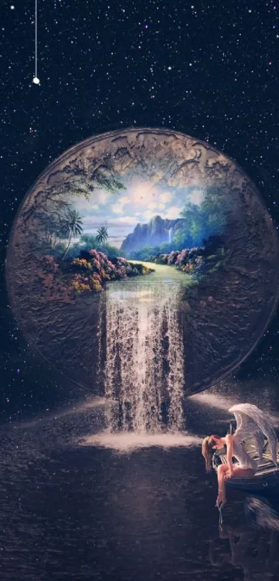 Surreal cosmic landscape with celestial waterfall and starry sky.