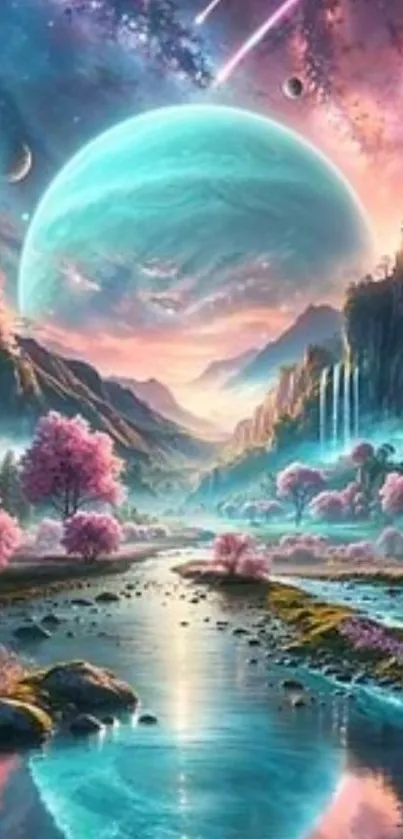 Cosmic landscape with planets and waterfalls in a dreamlike setting.