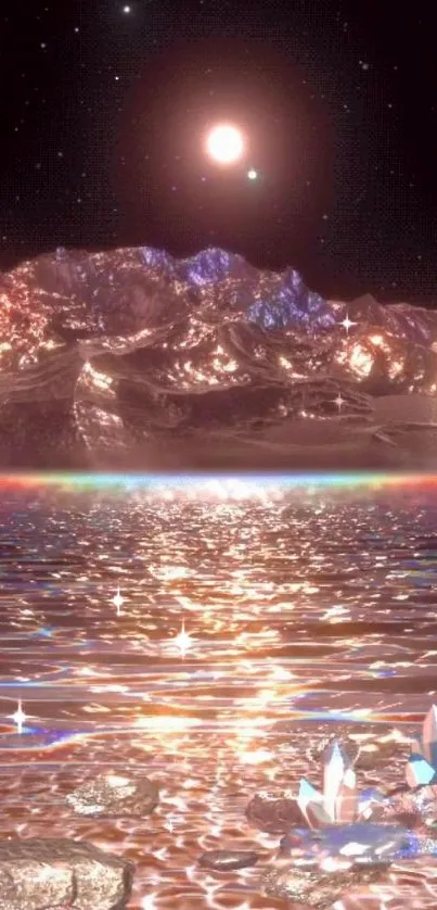 Ethereal landscape with cosmic sky and sparkling water reflecting stars.