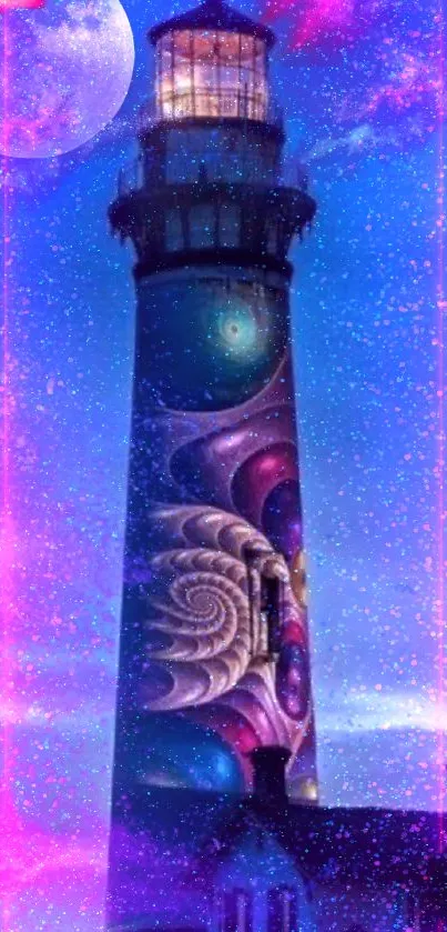 Fantasy lighthouse under a cosmic sky with vibrant colors.