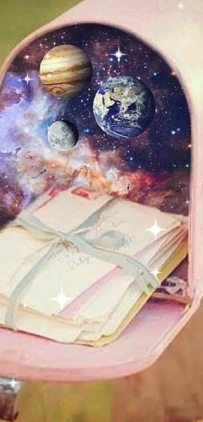 Fantasy wallpaper with cosmic universe inside a vintage pink mailbox.