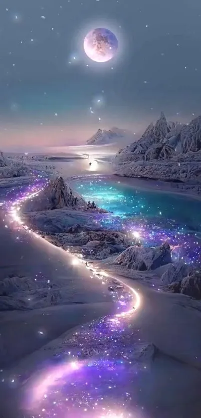 A dreamy cosmic landscape with a mystical river under a glowing full moon.