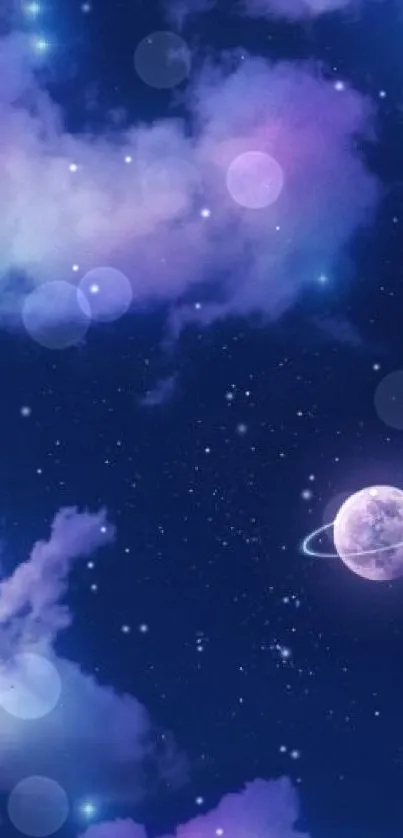 Dreamy cosmic night sky wallpaper with moon and stars.