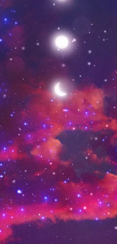 Dreamy purple night sky with crescent moons and stars.