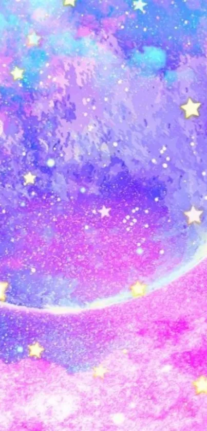 Dreamy pink and purple galaxy wallpaper with stars and moons.