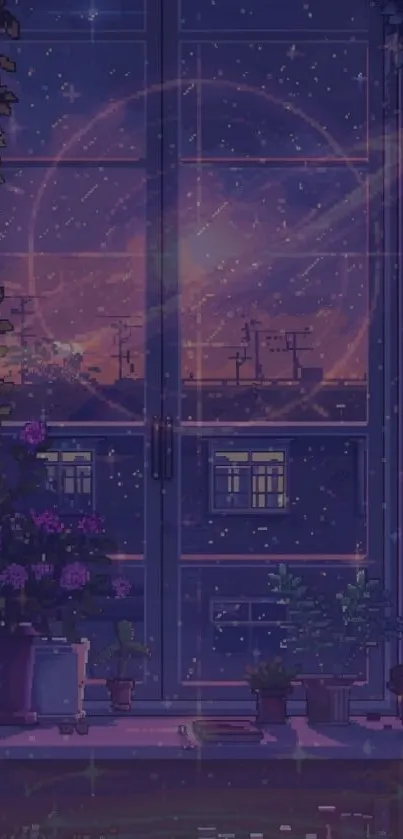 Dreamy cosmic night view through window with stars and plants.