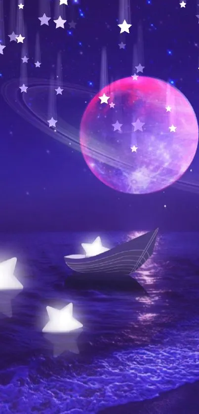 Dreamy cosmic night with a pink planet and glowing stars over the ocean.