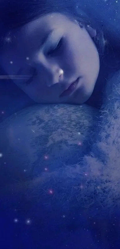 A peaceful child sleeps amidst a starry blue galaxy scene.