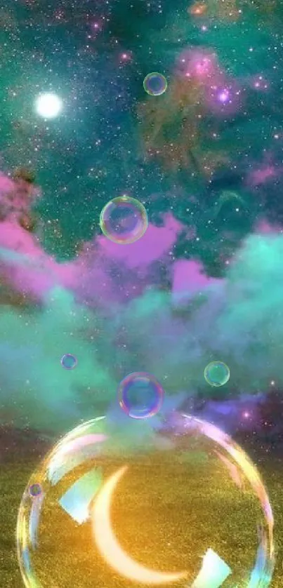 Dreamy cosmic wallpaper with moon in glass sphere, colorful clouds, and stars.