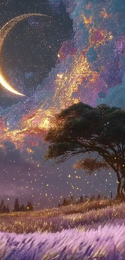 Surreal scene with crescent moon and purple night sky.