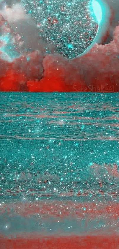 Teal and red cosmic ocean wallpaper with starry sky.