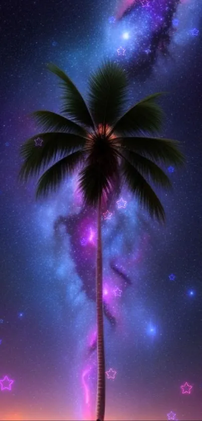 A palm tree silhouetted against a vibrant, purple galaxy sky.