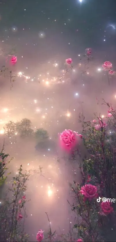 Pink roses with cosmic mist and stars.