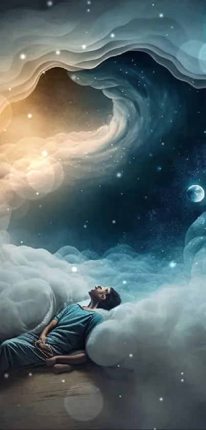 Person lounging under a cosmic, swirling cloud portal with a starry night sky.