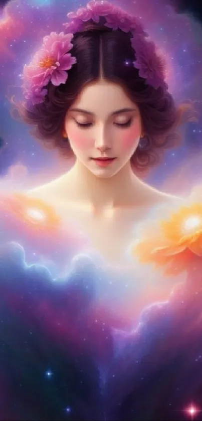 Fantasy cosmic woman amidst colorful clouds and stars.