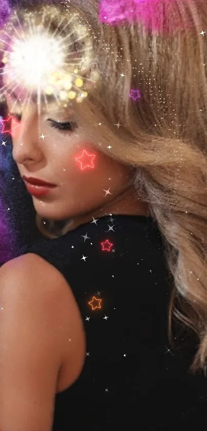 A cosmic-themed wallpaper with a portrait and shimmering stars.