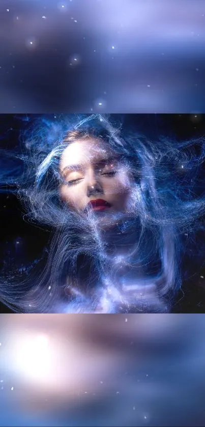 Dreamy cosmic portrait wallpaper with ethereal blue light and stars.