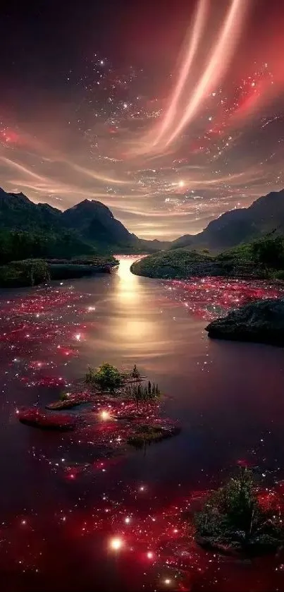 Cosmic river landscape with ethereal skies and red celestial elements.
