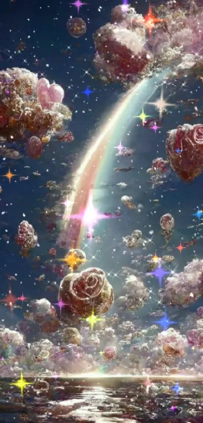 Surreal roses and stars under a cosmic sky, perfect for dreamy wallpapers.