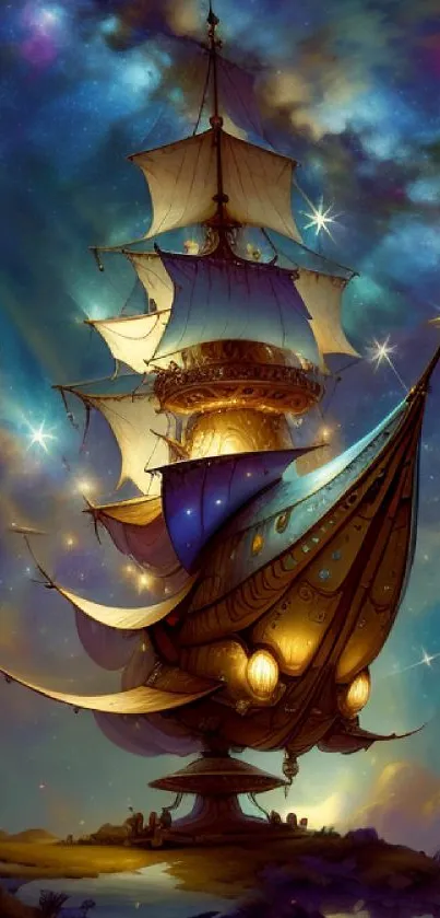 Fantastical cosmic ship sailing in starlit sky wallpaper.