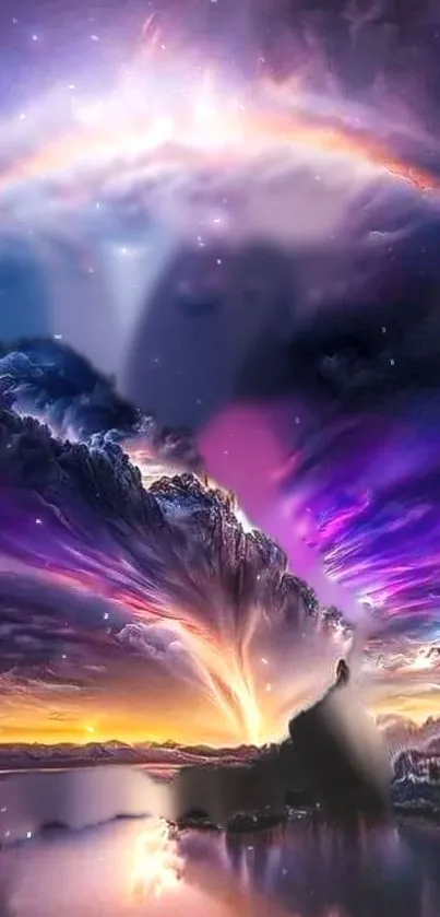 Vibrant cosmic sky wallpaper with purple and orange hues.