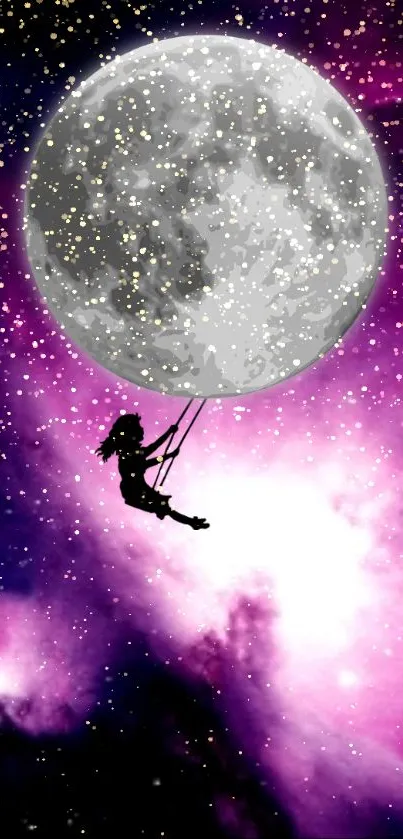 Silhouette on swing beneath cosmic moon with purple nebula background.