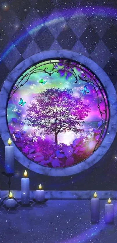 Enchanting cosmic tree with candles and vibrant colors.