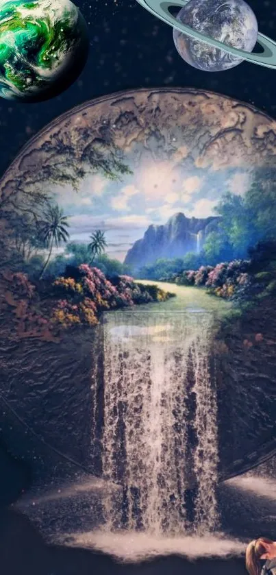 Surreal landscape with waterfall and planets.