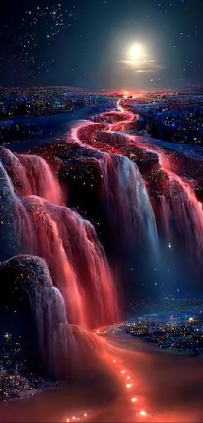 Dreamy cosmic waterfall in vibrant colors.