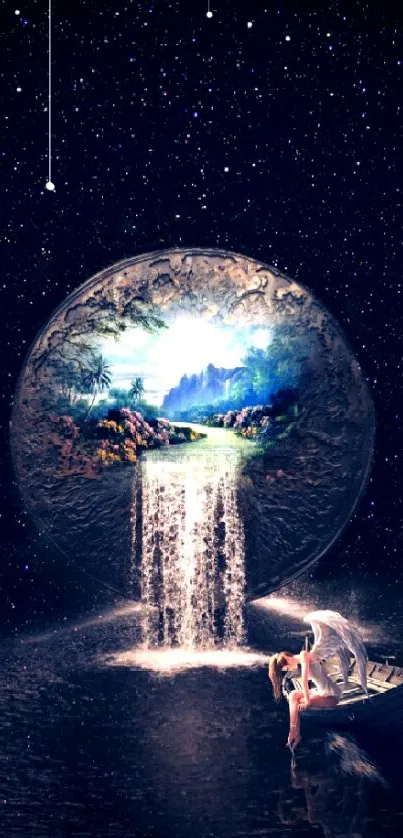 Cosmic waterfall wallpaper featuring a glowing planet and starry night sky.