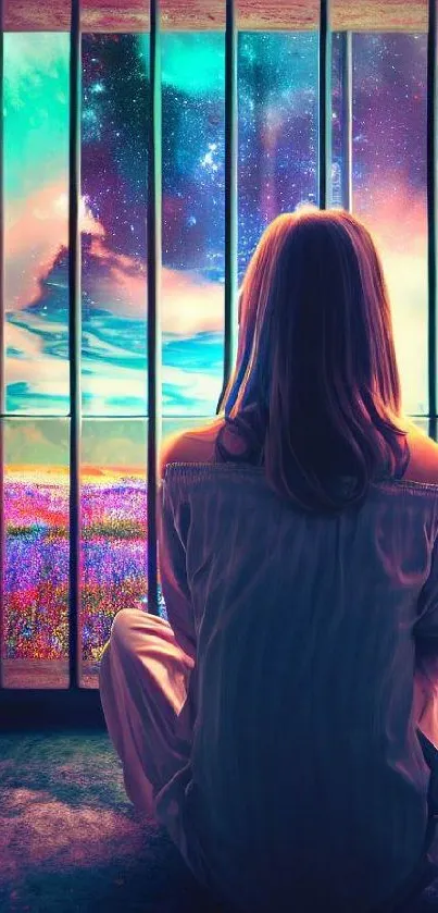 Woman gazing through cosmic window with vibrant landscape.