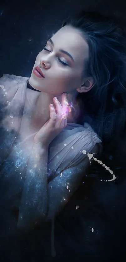 Ethereal woman in cosmic night setting with glowing hand.