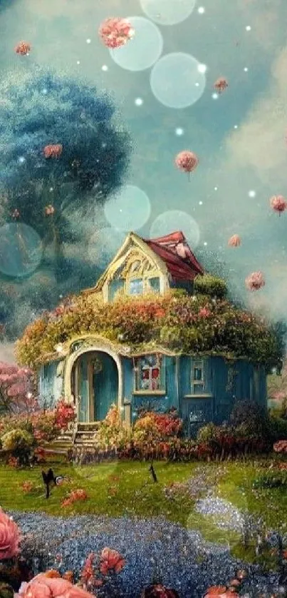 Whimsical fantasy cottage with floating clouds and vibrant flowers.