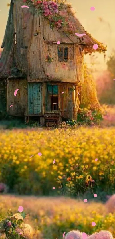 Whimsical cottage in a field of vibrant yellow flowers and pastel sky.