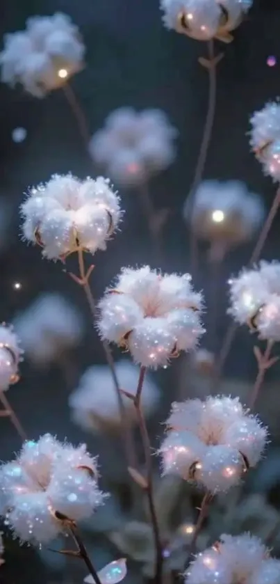 Dreamy cotton blossoms glowing softly at night.